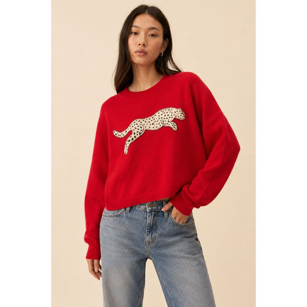 AQUA 100% Cashmere Red Leopard Appliqué Sweater Size M/L Oversized Cropped